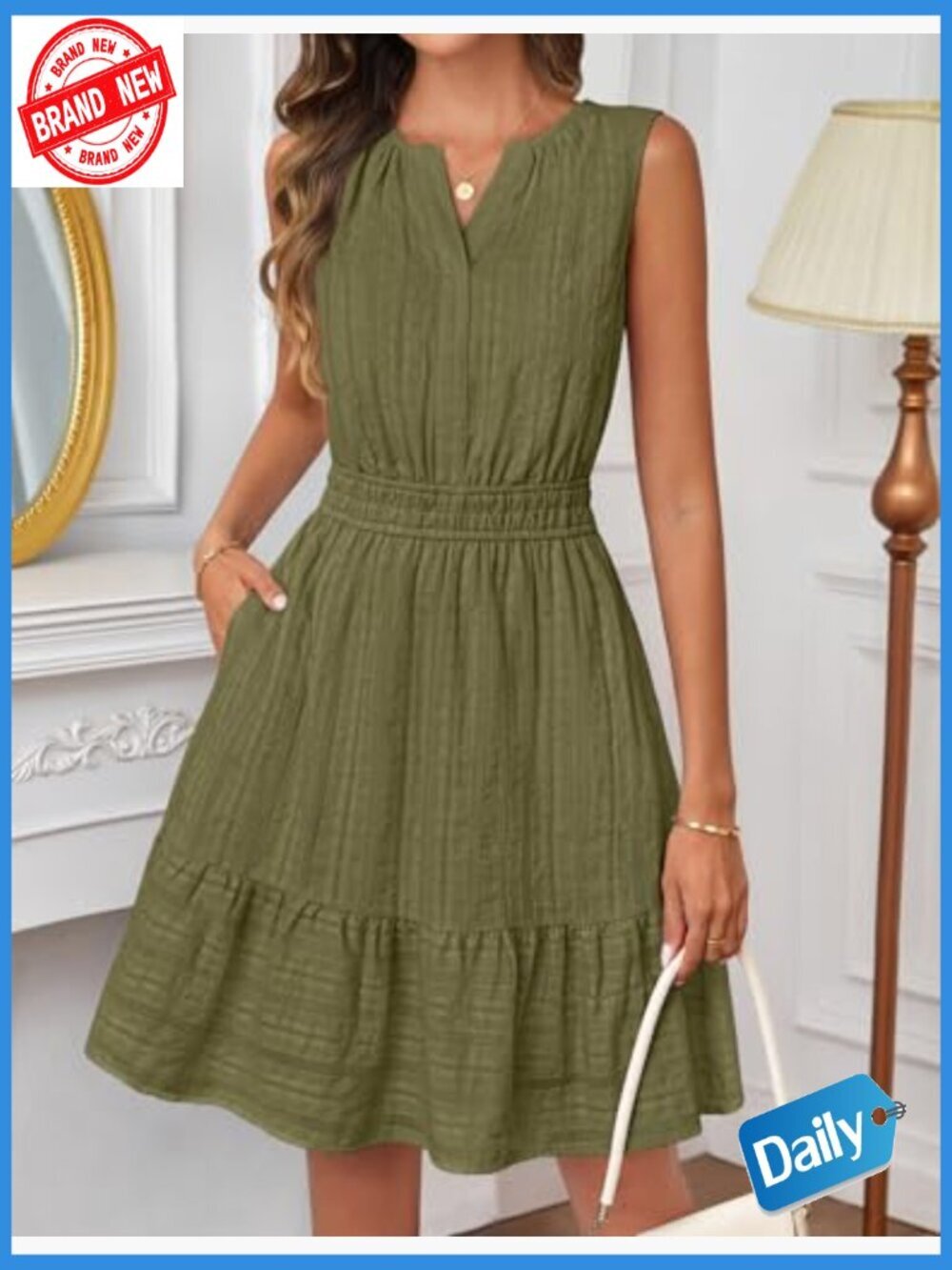 Women's Sleeveless V-Neck Flowy A-Line Mini Dress with Pockets - Picture 5 of 7